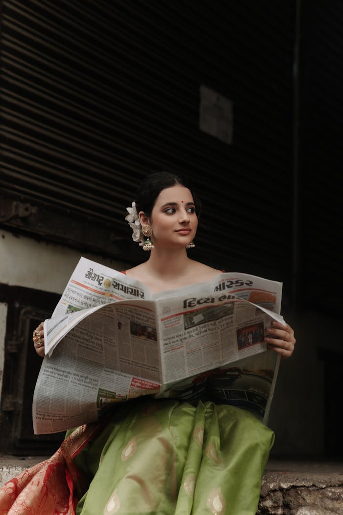 elegant-woman-reading-newspaper-outdoors-28943576